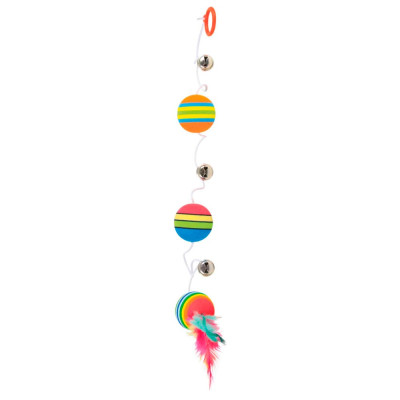     Brinquedo com Bolas Arco-Iris c/elastico, penas e guizo
